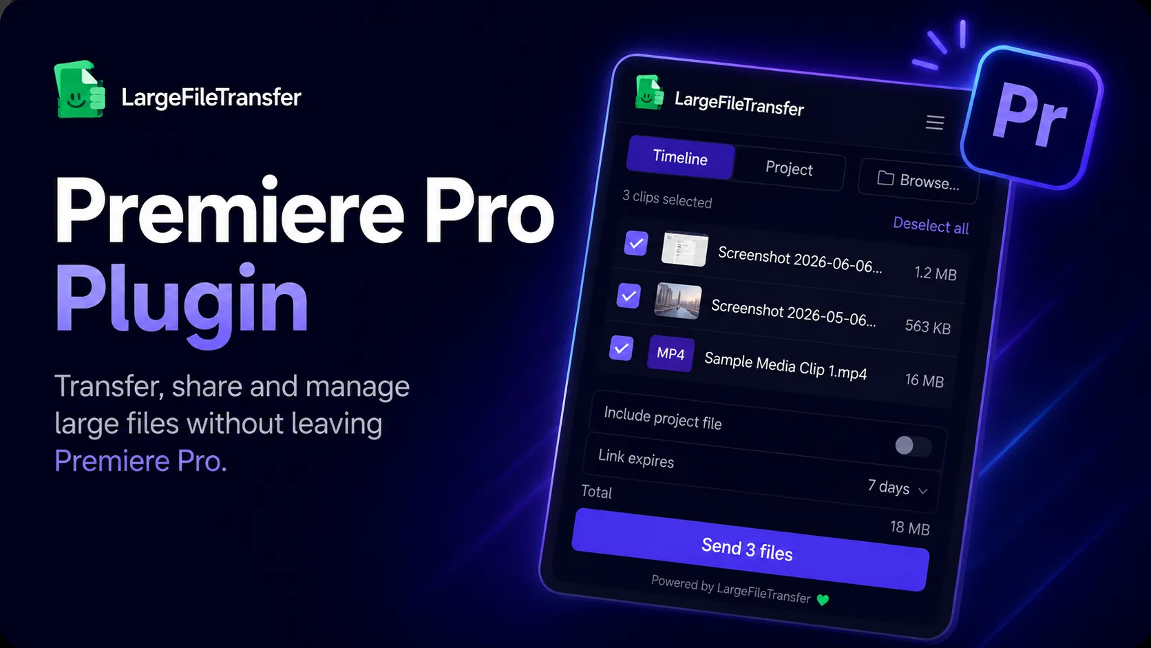 LargeFileTransfer plugin for Adobe Premiere Pro — send footage from the project panel