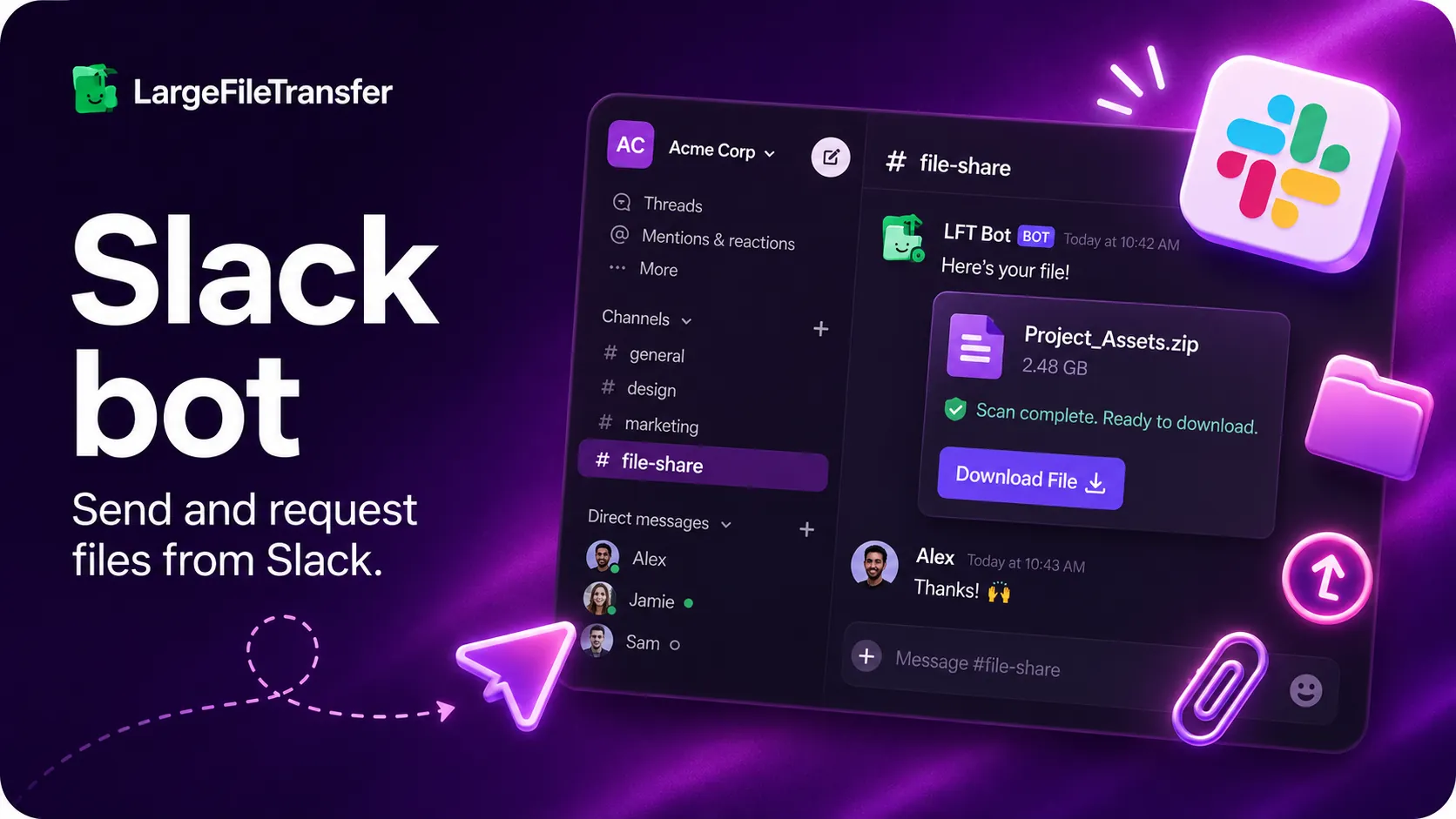 LargeFileTransfer Slack bot — send and request large files from Slack