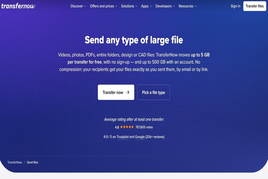 TransferNow for large file delivery and sharing