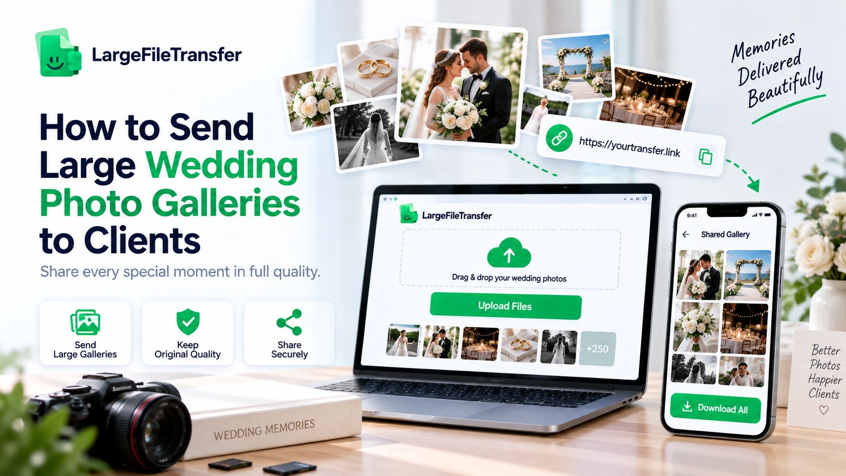 Photographer sending a large wedding photo gallery to clients