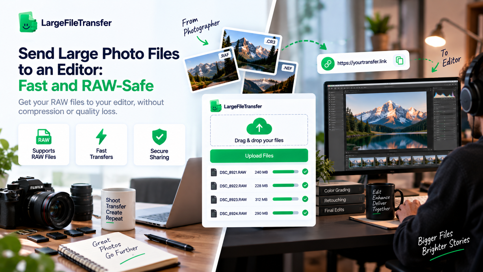 Photographer sending large RAW photo files to an editor