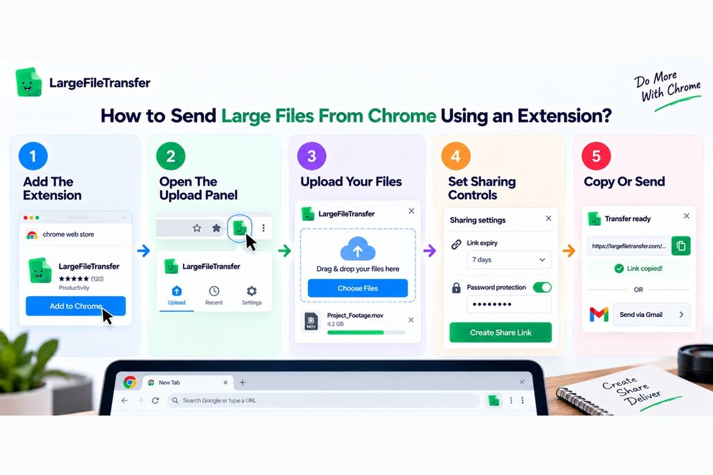 Five steps to send large files from Chrome using an extension: add, open panel, upload, set controls, copy link