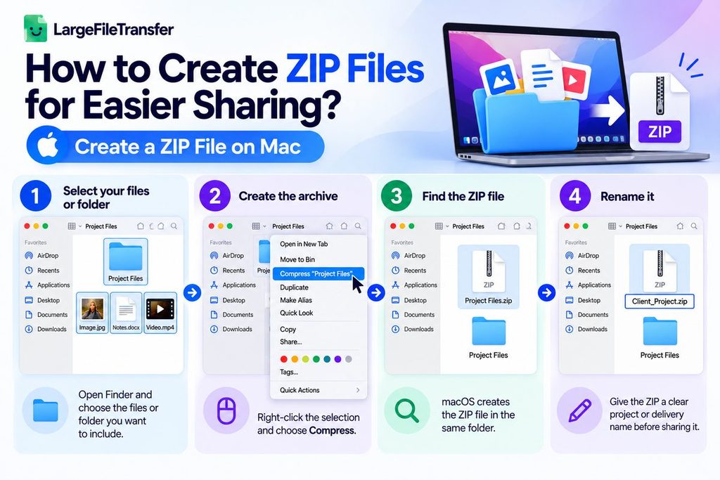 How to create a ZIP file on Mac: select files, right-click Compress, find the ZIP file, rename it
