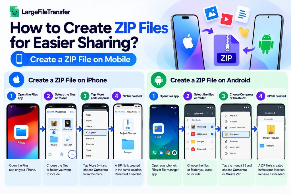 How to create a ZIP file on iPhone and Android using the Files app: select files, tap Compress, rename the ZIP