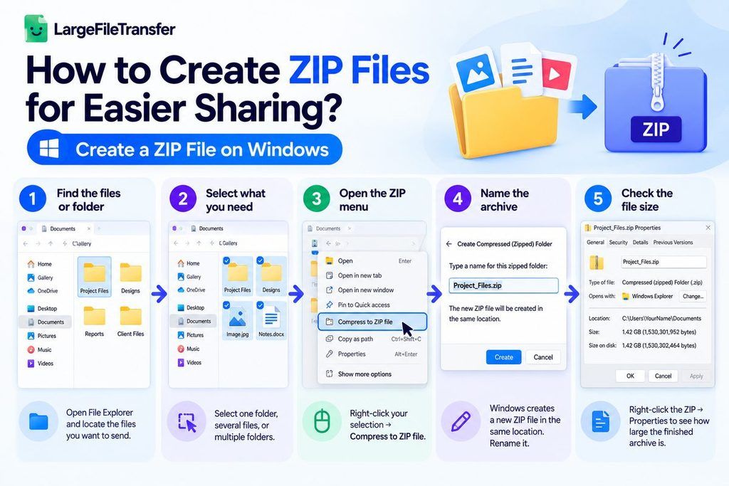 How to create a ZIP file on Windows: select files, right-click Compress to ZIP file, name the archive, check its size