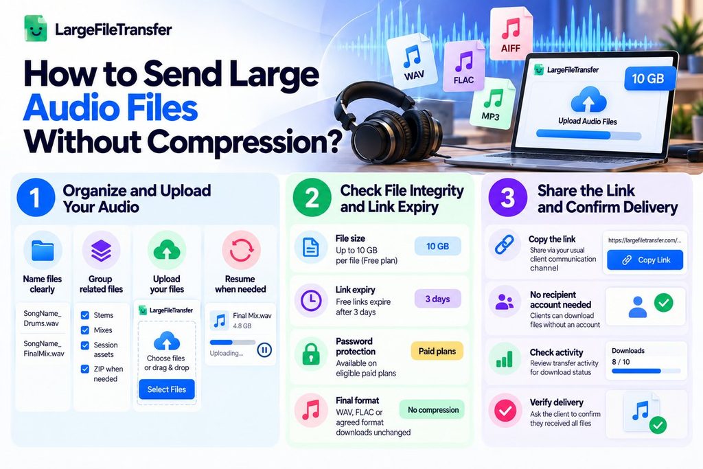 Three steps to send large audio files without compression: upload, check integrity and expiry, share link