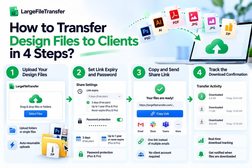 Transfer design files to clients in four steps: upload, set expiry and password, send the link, track downloads