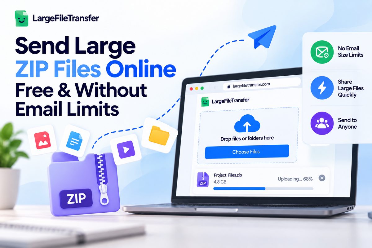 Send large ZIP files online free with no email size limits using a download link