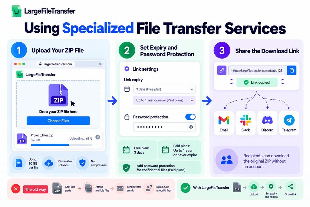 Three steps to send a large ZIP file: upload, set link expiry and password protection, share the download link
