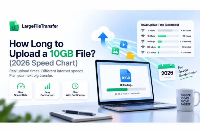 10GB file upload time by internet speed from 5 Mbps to 1 Gbps